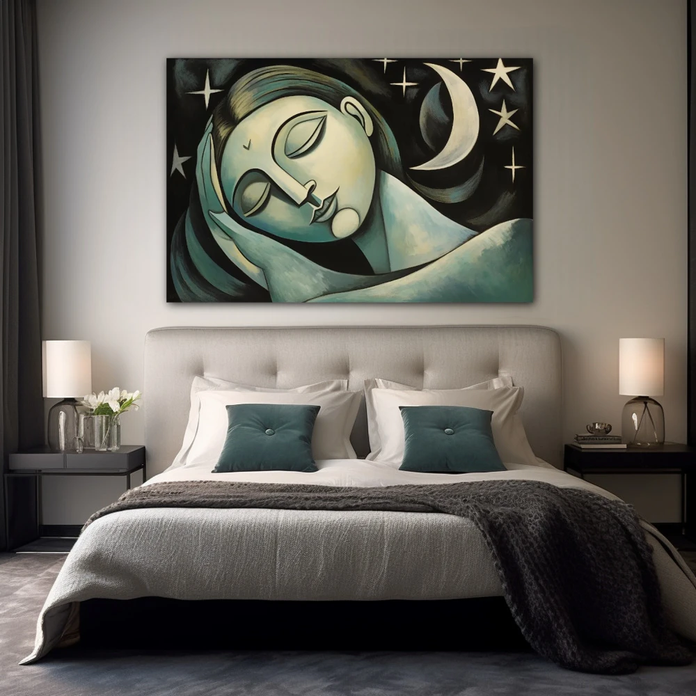 Cuadro promesas bajo la luna en formato horizontal con colores gris, verde, monocromático; decorando pared de habitación dormitorio