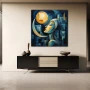 Wall Art titled: Guardian of the Night in a Square format with: Yellow, Blue, and Navy Blue Colors; Decoration the Sideboard wall