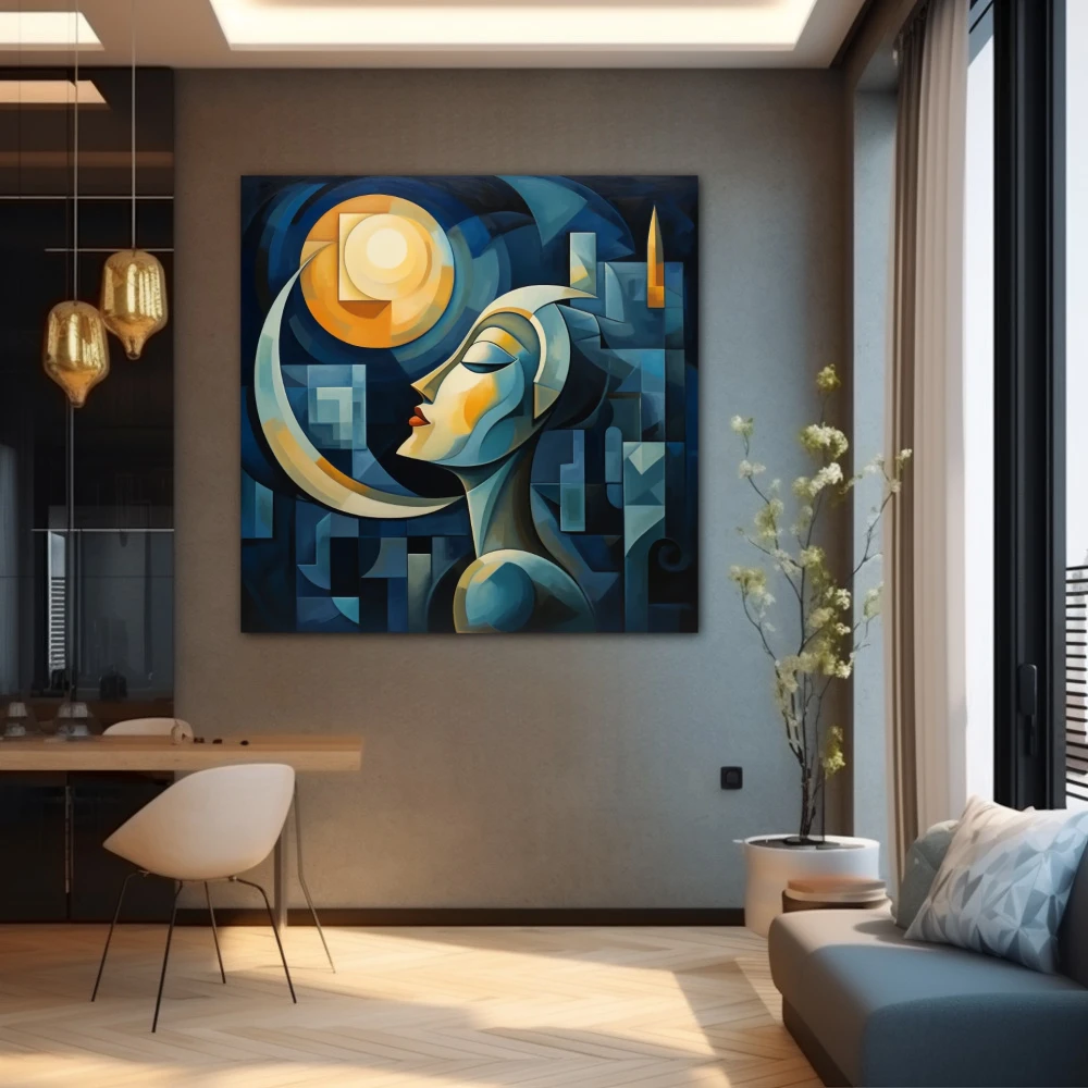 Cuadro guardiana de la noche en formato cuadrado con colores amarillo, azul; decorando pared gris