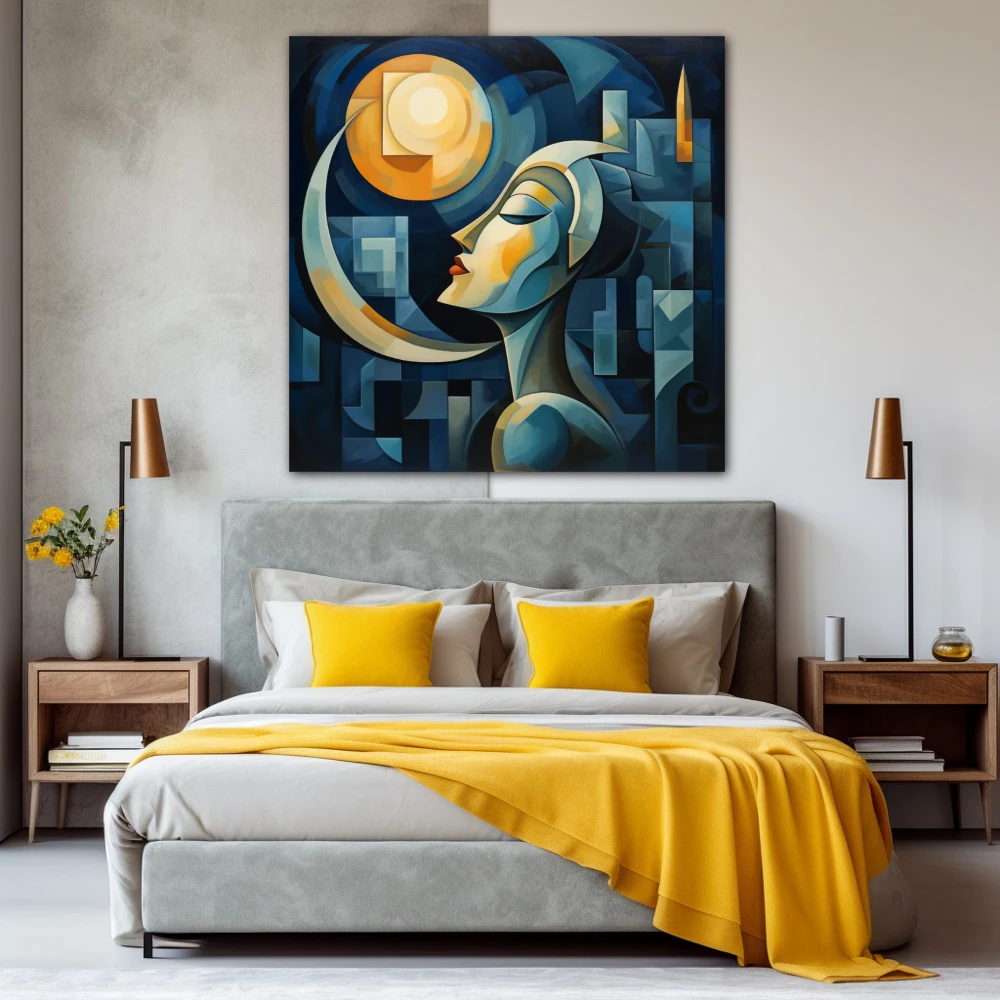 Cuadro guardiana de la noche en formato cuadrado con colores amarillo, azul; decorando pared de habitación dormitorio