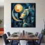 Wall Art titled: Guardian of the Night in a Square format with: Yellow, Blue, and Navy Blue Colors; Decoration the Living Room wall
