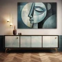 Wall Art titled: The Lunar Mask in a Horizontal format with: Grey, Green, and Monochromatic Colors; Decoration the Sideboard wall