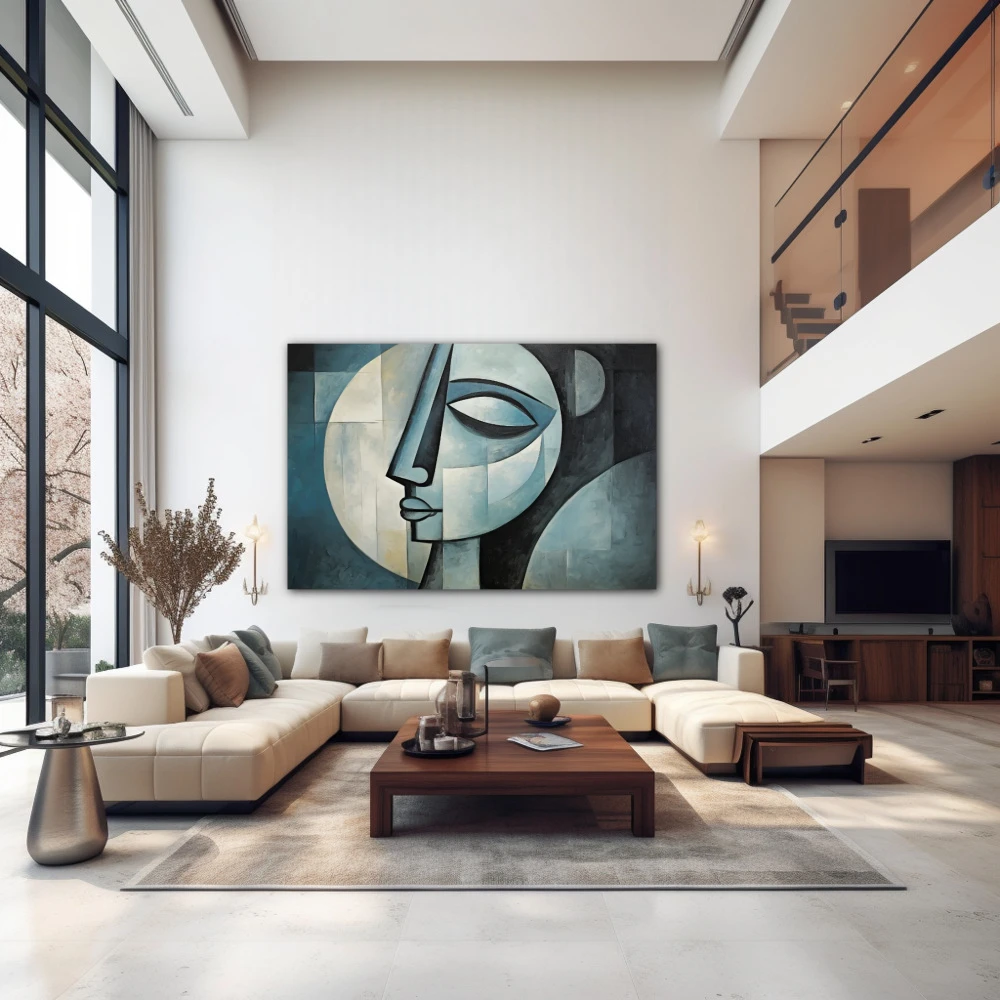 Wall Art titled: The Lunar Mask in a Horizontal format with: Grey, Green, and Monochromatic Colors; Decoration the Above Couch wall