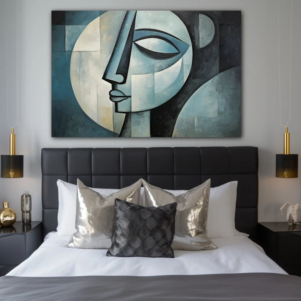 Cuadro la máscara lunar en formato horizontal con colores gris, verde, monocromático; decorando pared de habitación dormitorio
