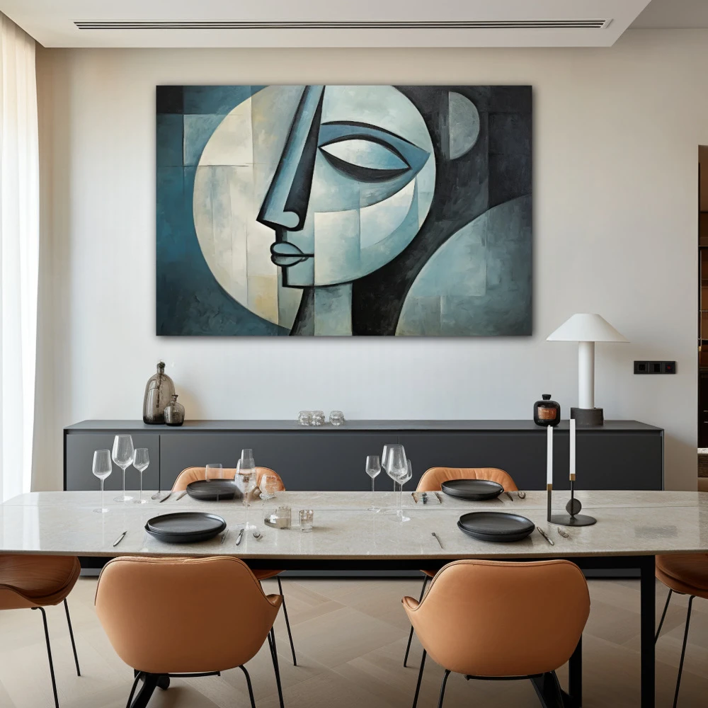 Wall Art titled: The Lunar Mask in a Horizontal format with: Grey, Green, and Monochromatic Colors; Decoration the Living Room wall