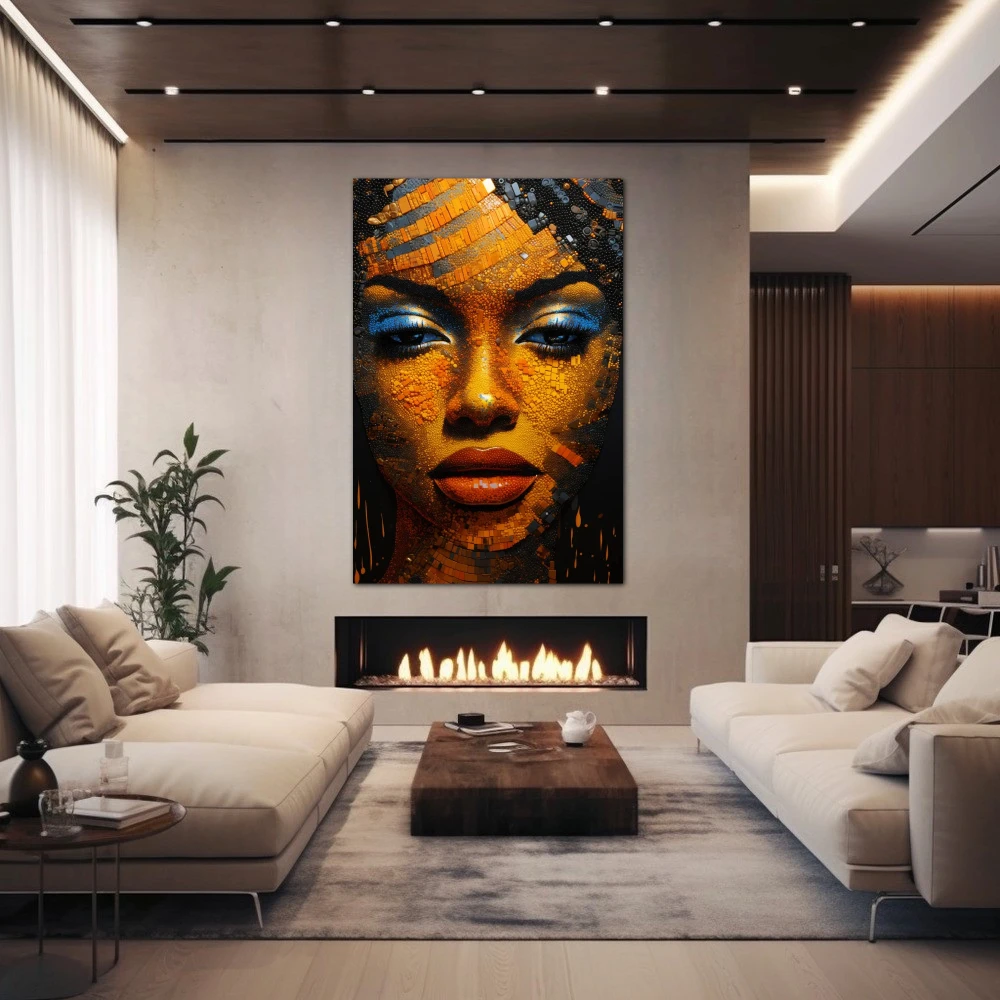 Wall Art titled: Eve of the Desert in a Vertical format with: Blue, Mustard, and Orange Colors; Decoration the Fireplace wall
