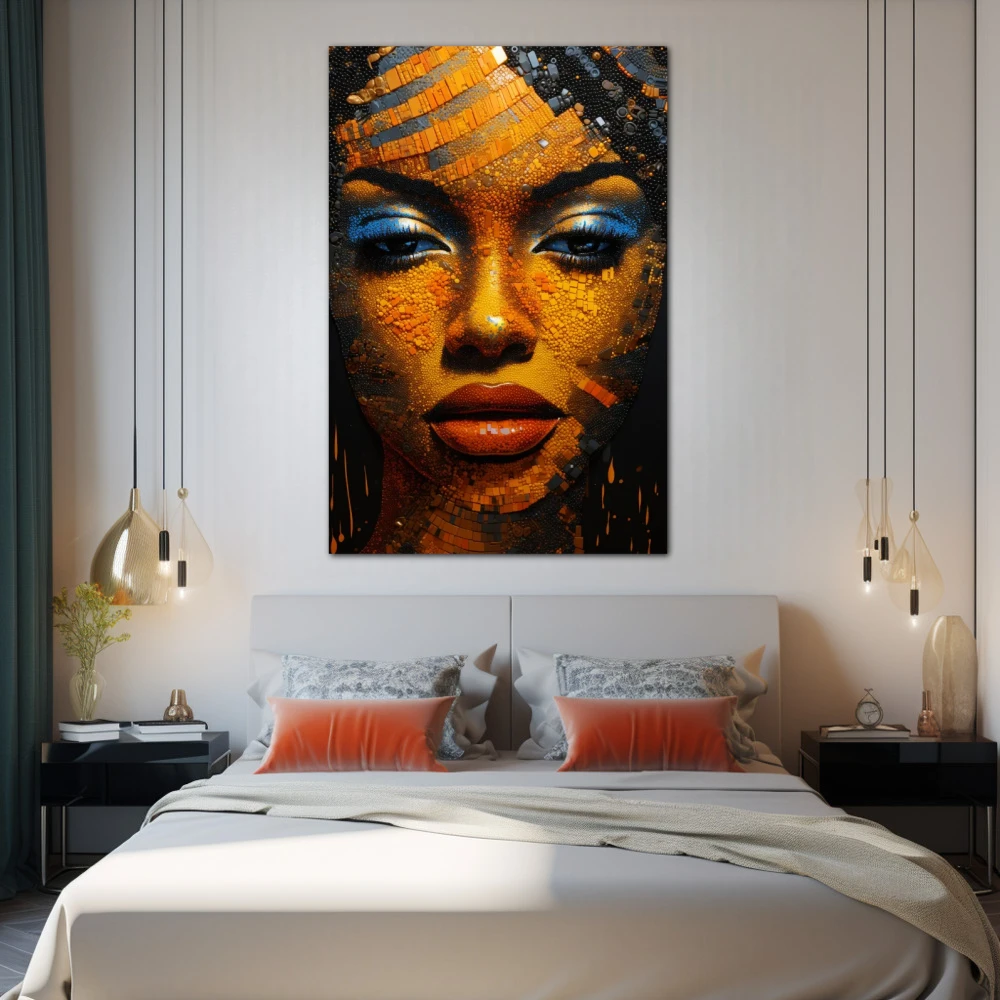 Cuadro eva del desierto en formato vertical con colores azul, mostaza, naranja; decorando pared de habitación dormitorio