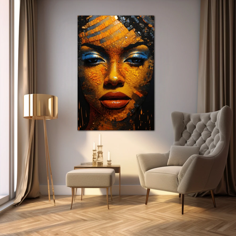 Wall Art titled: Eve of the Desert in a Vertical format with: Blue, Mustard, and Orange Colors; Decoration the Living Room wall