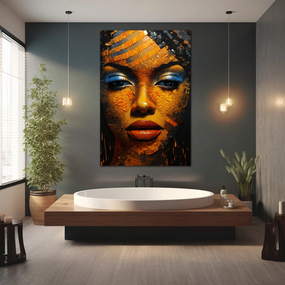 Wall Art titled: Eve of the Desert in a Vertical format with: Blue, Mustard, and Orange Colors; Decoration the Wellbeing wall