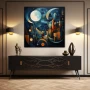 Wall Art titled: When the Night Illuminates in a Square format with: Blue, Orange, and Navy Blue Colors; Decoration the Sideboard wall