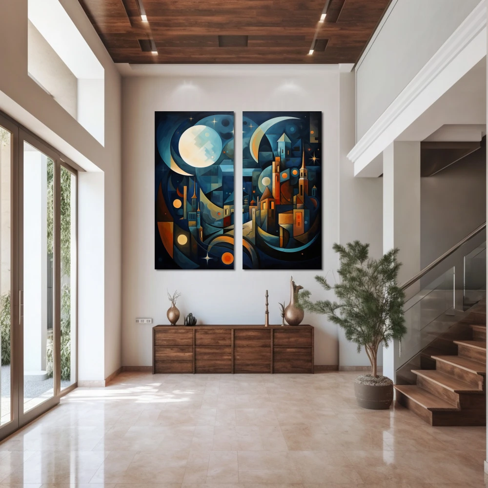 Wall Art titled: When the Night Illuminates in a Square format with: Blue, Orange, and Navy Blue Colors; Decoration the Entryway wall