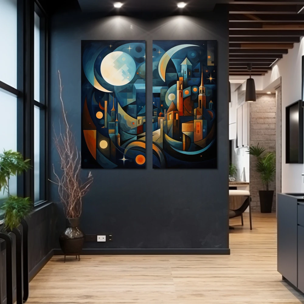 Wall Art titled: When the Night Illuminates in a Square format with: Blue, Orange, and Navy Blue Colors; Decoration the Grey Walls wall