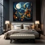 Wall Art titled: When the Night Illuminates in a Square format with: Blue, Orange, and Navy Blue Colors; Decoration the Bedroom wall