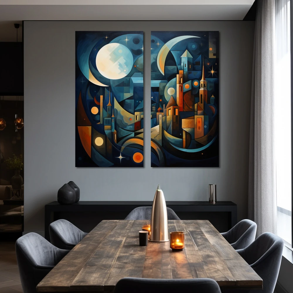 Cuadro cuando la noche ilumina en formato díptico con colores azul, naranja; decorando pared de salón comedor