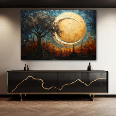 Wall Art titled: Dreamscape Silhouette in a  format with: Sky blue, Brown, and Beige Colors; Decoration the Sideboard wall