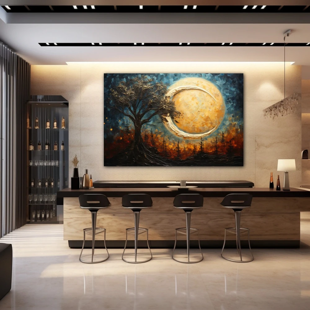 Cuadro dreamscape silhouette en formato horizontal con colores celeste, marrón, beige; decorando pared de bar