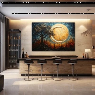 Wall Art titled: Dreamscape Silhouette in a Horizontal format with: Sky blue, Brown, and Beige Colors; Decoration the Bar wall