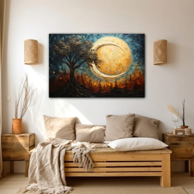 Cuadro Dreamscape Silhouette en formato horizontal con colores Celeste, Marrón, Beige; Decorando Pared beige