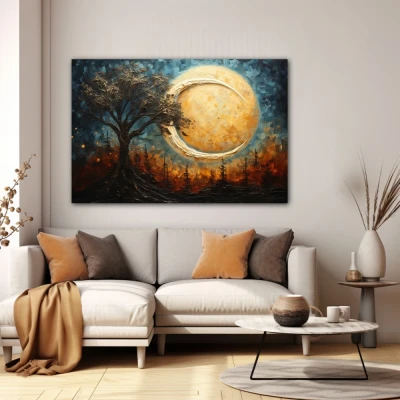 Wall Art titled: Dreamscape Silhouette in a  format with: Sky blue, Brown, and Beige Colors; Decoration the White Wall wall