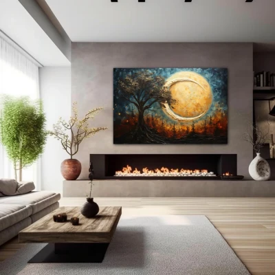 Wall Art titled: Dreamscape Silhouette in a  format with: Sky blue, Brown, and Beige Colors; Decoration the Fireplace wall