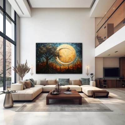 Wall Art titled: Dreamscape Silhouette in a  format with: Sky blue, Brown, and Beige Colors; Decoration the Above Couch wall