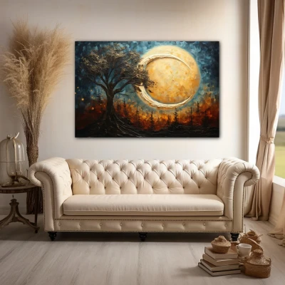 Wall Art titled: Dreamscape Silhouette in a Horizontal format with: Sky blue, Brown, and Beige Colors; Decoration the Above Couch wall