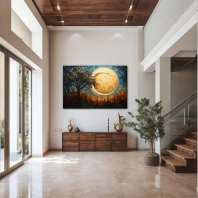 Wall Art titled: Dreamscape Silhouette in a  format with: Sky blue, Brown, and Beige Colors; Decoration the Entryway wall