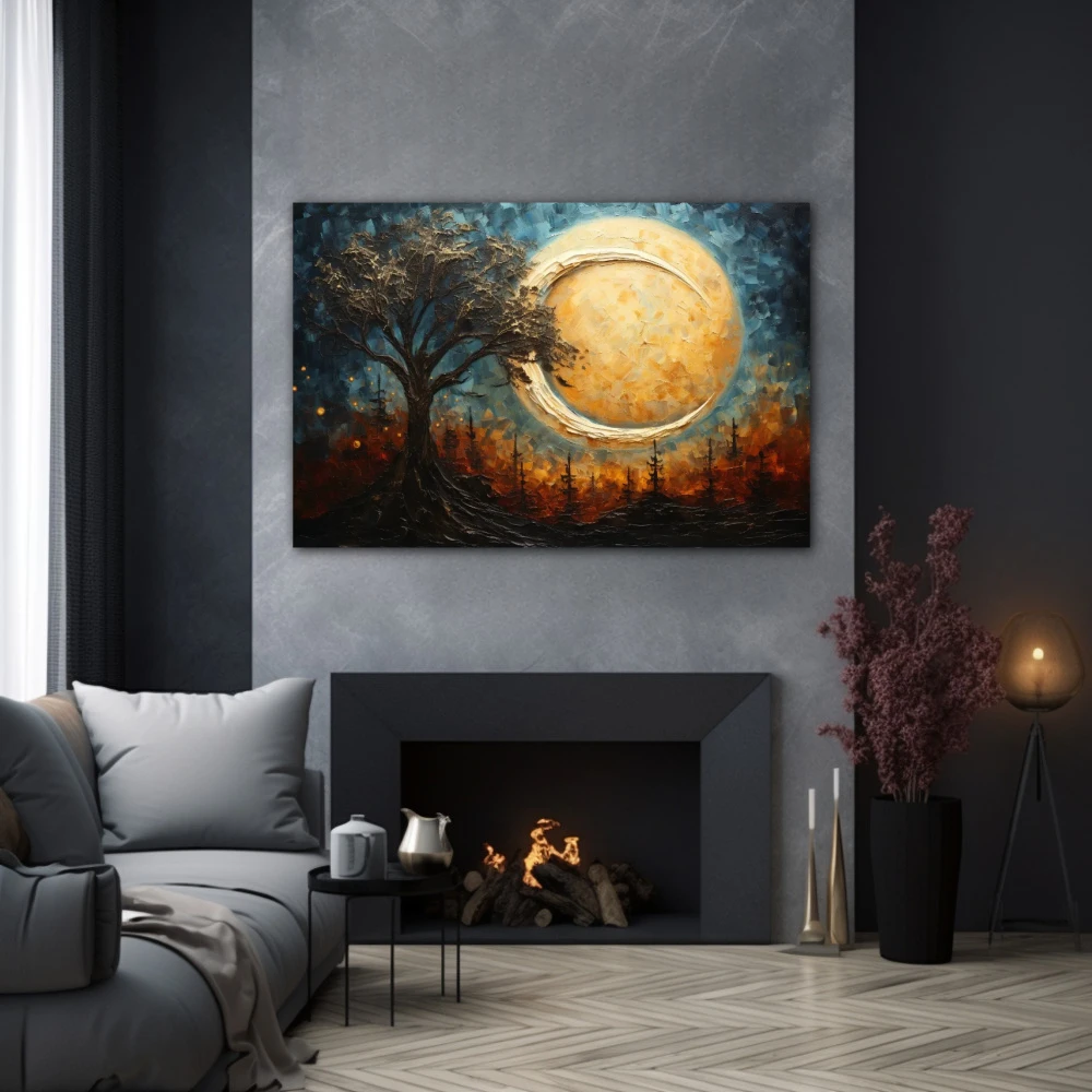 Cuadro dreamscape silhouette en formato horizontal con colores celeste, marrón, beige; decorando pared gris