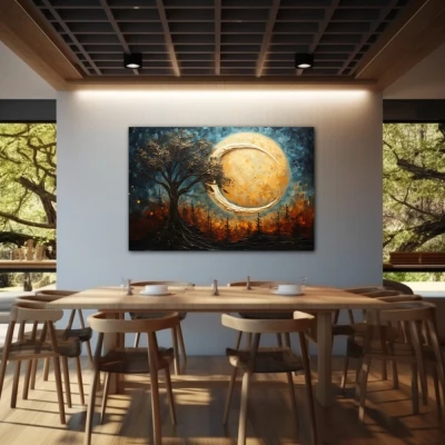 Wall Art titled: Dreamscape Silhouette in a Horizontal format with: Sky blue, Brown, and Beige Colors; Decoration the Restaurant wall