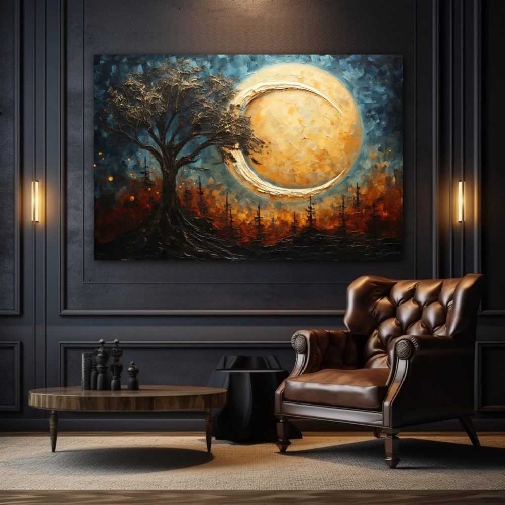 Cuadro dreamscape silhouette en formato horizontal con colores celeste, marrón, beige; decorando pared de salón comedor