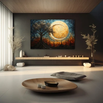 Wall Art titled: Dreamscape Silhouette in a  format with: Sky blue, Brown, and Beige Colors; Decoration the Wellbeing wall