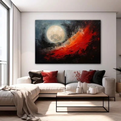 Wall Art titled: Blood Moon in a  format with: Grey, Black, and Red Colors; Decoration the White Wall wall