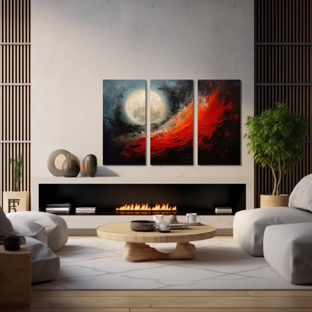Wall Art titled: Blood Moon in a Horizontal format with: Grey, Black, and Red Colors; Decoration the Fireplace wall