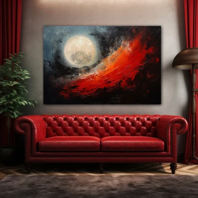 Cuadro Luna de sangre en formato horizontal con colores Gris, Negro, Rojo; Decorando pared de Encima del Sofá