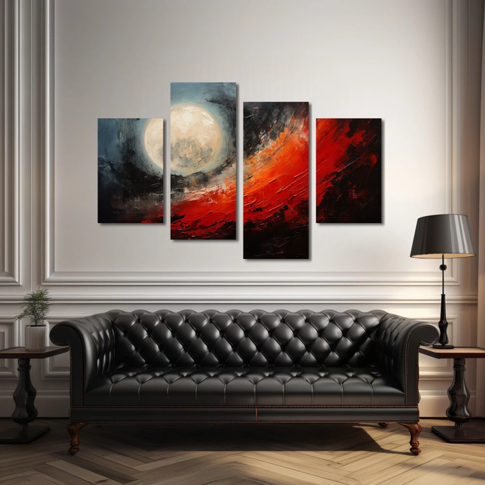 Wall Art titled: Blood Moon in a Horizontal format with: Grey, Black, and Red Colors; Decoration the Above Couch wall