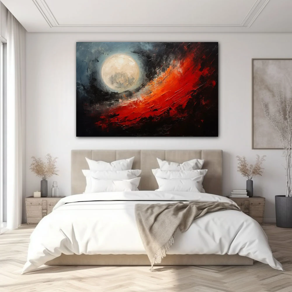 Wall Art titled: Blood Moon in a Horizontal format with: Grey, Black, and Red Colors; Decoration the Bedroom wall