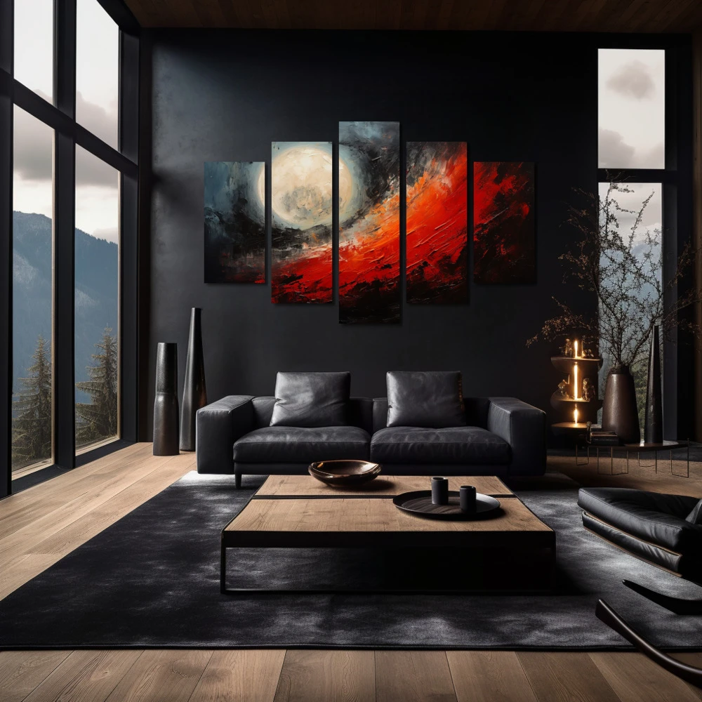 Wall Art titled: Blood Moon in a Horizontal format with: Grey, Black, and Red Colors; Decoration the Black Walls wall