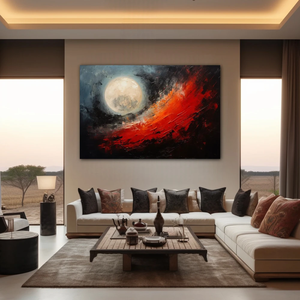Wall Art titled: Blood Moon in a Horizontal format with: Grey, Black, and Red Colors; Decoration the Living Room wall