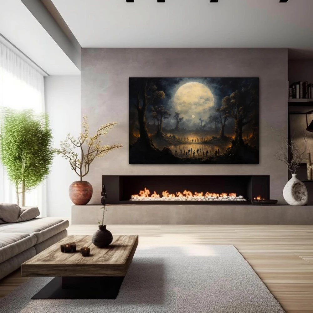 Wall Art titled: Moon Spells in a Horizontal format with: white, Grey, and Brown Colors; Decoration the Fireplace wall