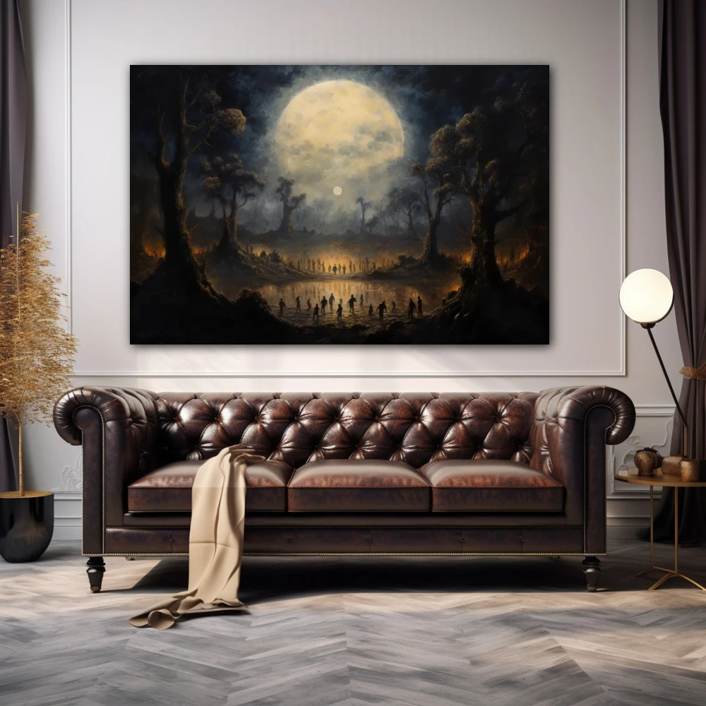 Cuadro hechizos de luna en formato horizontal con colores blanco, gris, marrón; decorando pared de encima del sofá