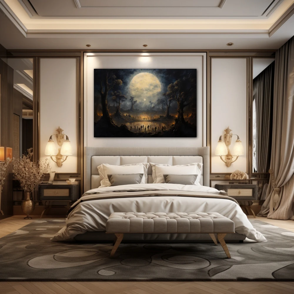 Cuadro hechizos de luna en formato horizontal con colores blanco, gris, marrón; decorando pared de habitación dormitorio