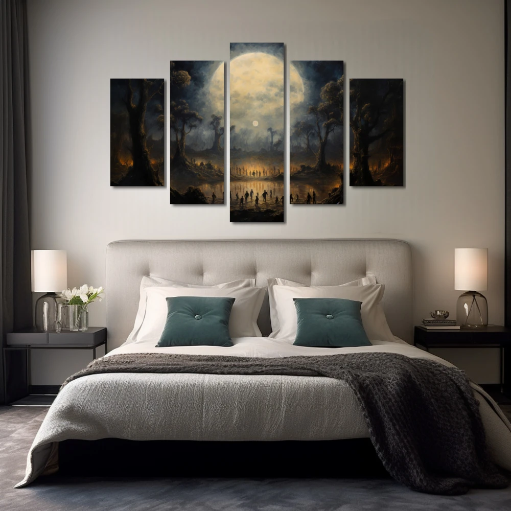 Cuadro hechizos de luna en formato políptico con colores blanco, gris, marrón; decorando pared de habitación dormitorio