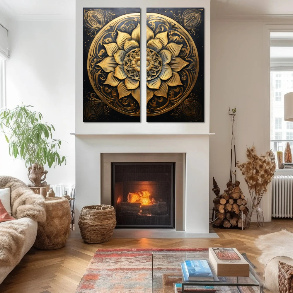 Wall Art titled: Lotus of the Golden Stillness in a Square format with: Golden, and Black Colors; Decoration the Fireplace wall