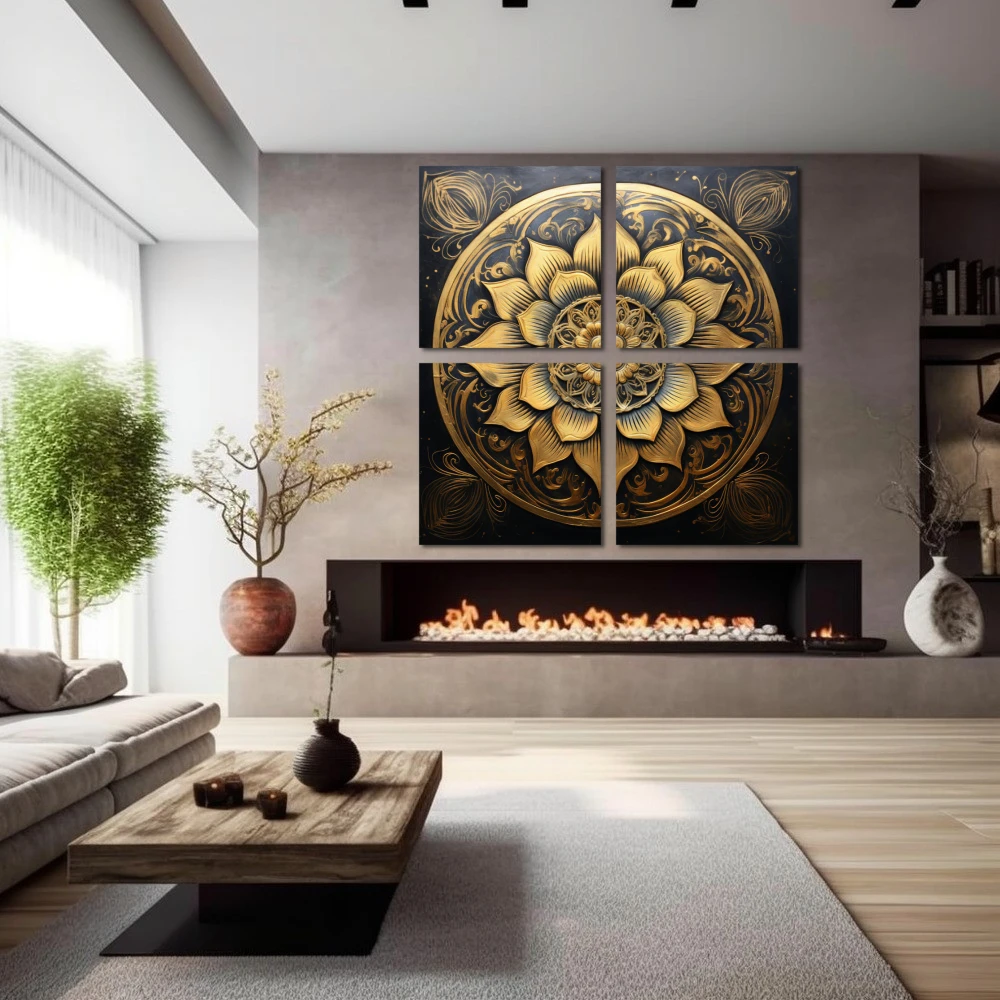 Wall Art titled: Lotus of the Golden Stillness in a Square format with: Golden, and Black Colors; Decoration the Fireplace wall