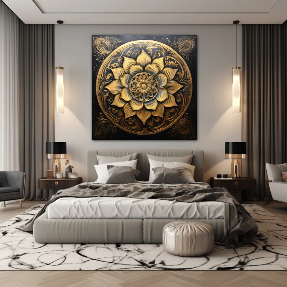 Cuadro loto de la quietud dorada en formato cuadrado con colores dorado, negro; decorando pared de habitación dormitorio