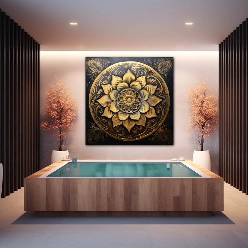 Wall Art titled: Lotus of the Golden Stillness in a Square format with: Golden, and Black Colors; Decoration the Wellbeing wall