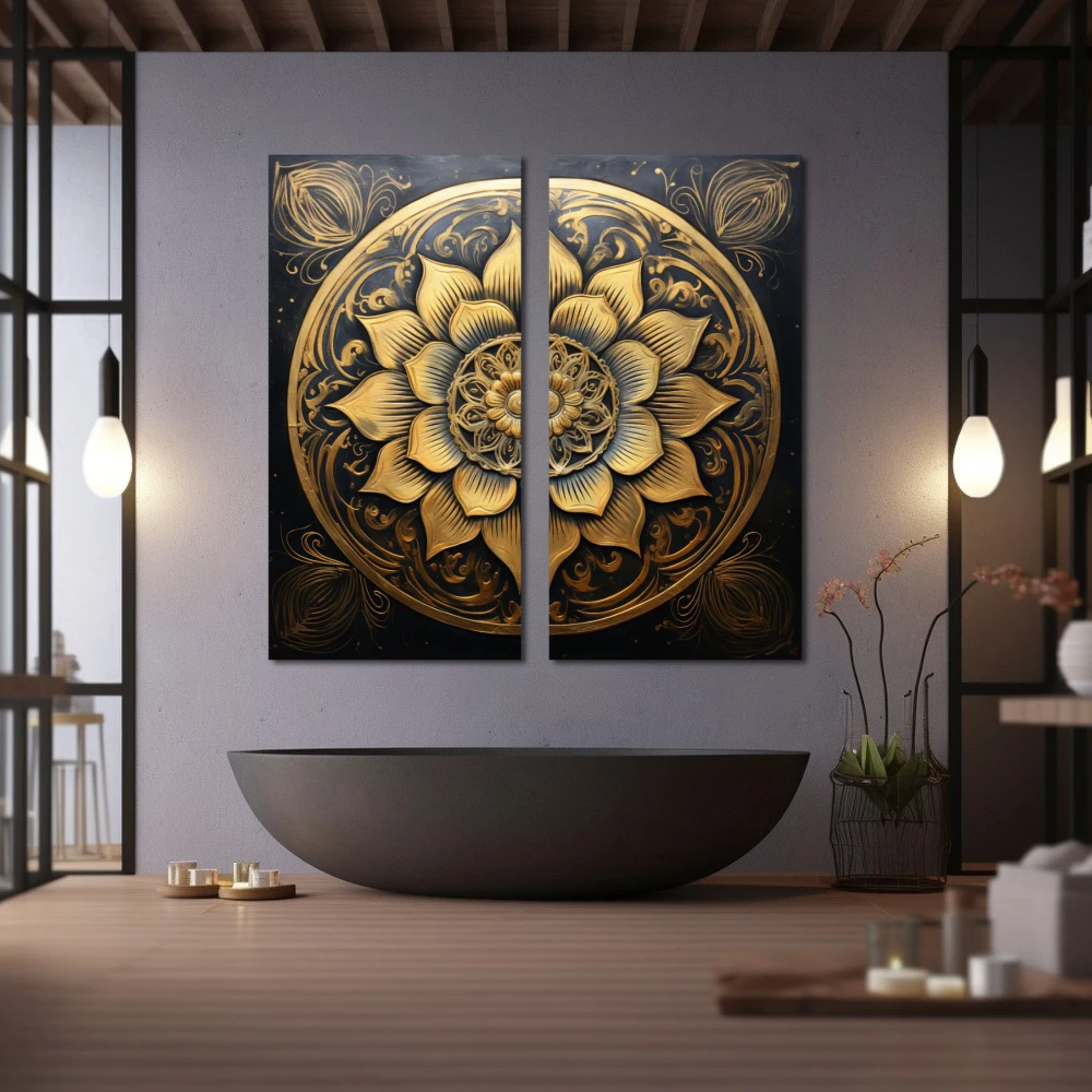 Wall Art titled: Lotus of the Golden Stillness in a Square format with: Golden, and Black Colors; Decoration the Wellbeing wall