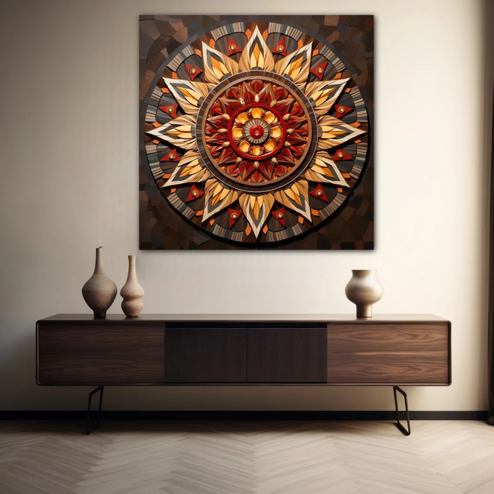 Cuadro armonía concéntrica en formato cuadrado con colores marrón, beige; decorando pared de aparador