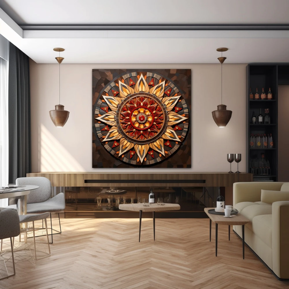 Wall Art titled: Concentric Harmony in a Square format with: Brown, and Beige Colors; Decoration the Bar wall