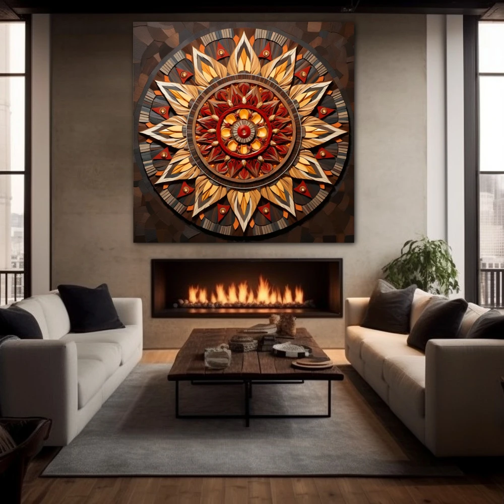 Wall Art titled: Concentric Harmony in a Square format with: Brown, and Beige Colors; Decoration the Fireplace wall